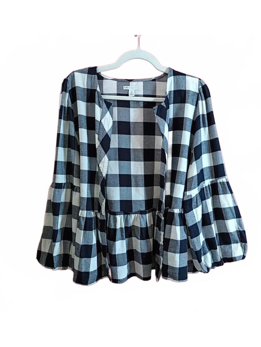 Cato Black and White Checkered Peplum Blouse Size M